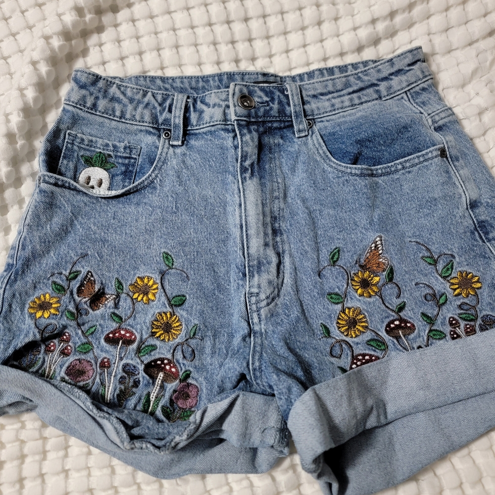 Hot Topic Blue Embroidered Jean Shorts